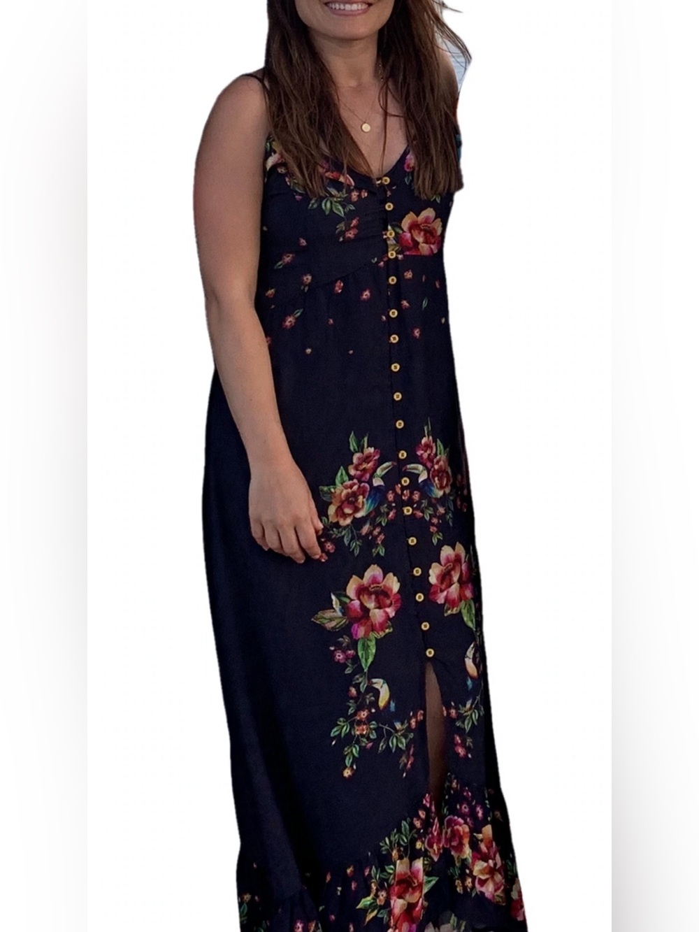 From Brazil - Floral Button-Front Navy midi Dress